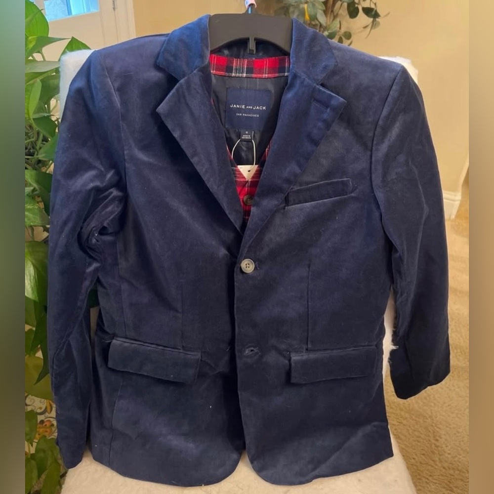 Janie and Jack Navy Velvet Blazer and Red Tartan Plaid Vest